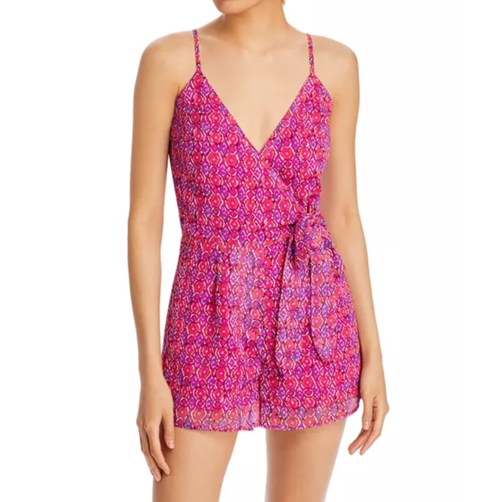 AQUA Pink‎ Purple Print Wrap Romper V-Neck Sleeveless Summer XS Cute